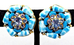 Vintage Signed Selro Selini Clip Earrings Blue Enamel Art Glass & Rhinestones