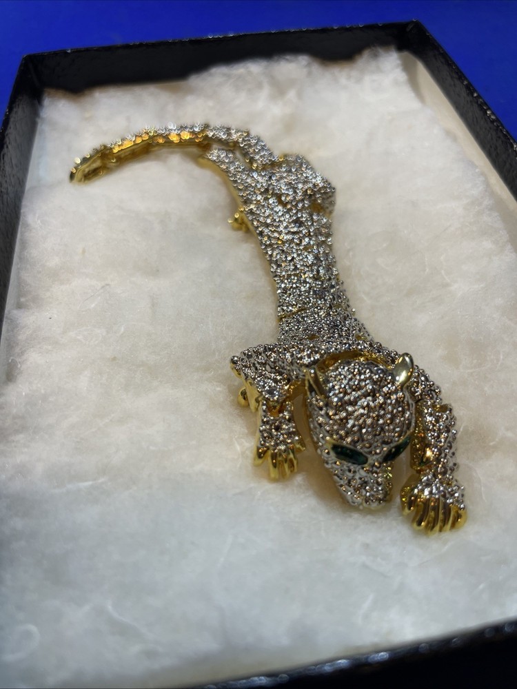 Vtg Articulated Leopard Panther Cheetah Shoulder Brooch Double Pin Green Eye M11