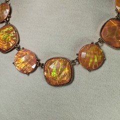 Vintage Statement Necklace, Faux Fire Opal, Orange, Gold Tone Chain, c. 1970s
