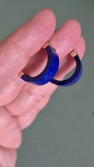 Vintage 14K Yellow Gold Hong Kong Lapis Hoop Earrings 1” Long, Vintage