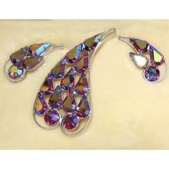 Vintage Pink Iridescent Rhinestone Brooch with Matching Earrings by B. David