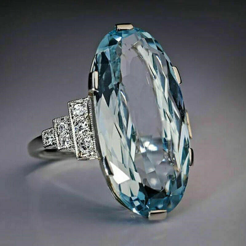 Lab-Created Aquamarine 5.50Ct Oval Cut Engagement Her Ring 14K White Gold Plated