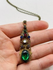Vintage Gothic Green Colorful Rhinestone Filigree Cutout Bronze Tone Necklace