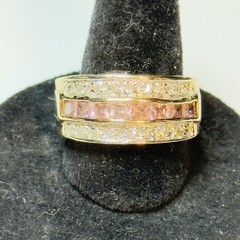 SETA square pink & clear round stone in 3 rows on gold 7/16″ wide band ring Sz 9