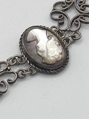 VTG 800 Silver Filigree Cameo Bracelet 7″ Mother of Pearl/Shell Carved