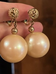 Vintage Napier Huge Pearl Cabochon Filigree Gold Dangle Drop Clip On Earrings