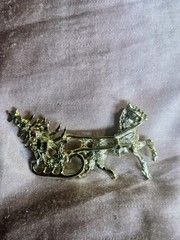 Gold-tone Reindeer & Sleigh And Tree Brooch with Colored Rhinestones