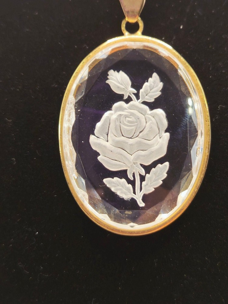 VTG Clear Lucite Reverse Carved Rose Pendant on Gold Tone Chain