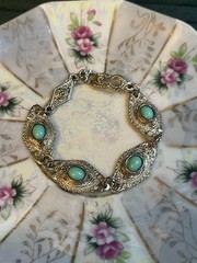 1960’s Faux Turquoise Cabochon Ornate Silver-Tone Link Panel Bracelet 7”