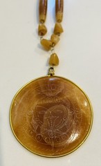 Carved 32” Agate Aztec Mayan Calendar Pendant Art Stoned Necklace 70s