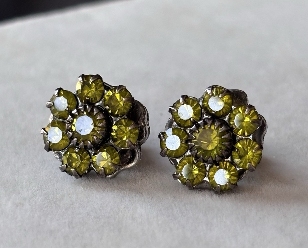 vintage olive green rhinestone cluster stud earrings for pierced ears