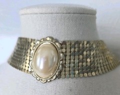 Vintage Style Gold Tone Mesh Choker Faux Pearl Liquid Metal Adjustable 16 Inches
