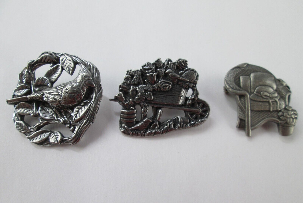 Vintage Pewter Brooches – Lot of 3 Birds and Blooms Bird Flower Chair