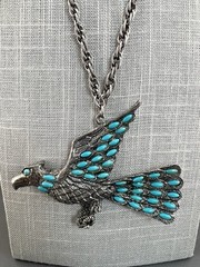 Vintage Southwest Necklace Eagle Thunderbird Faux Turquoise Silver Tone 23”