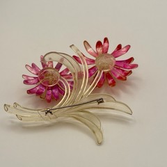 Vintage Pink Clear Lucite Style Flower Brooch Large Dimensional Floral Pin