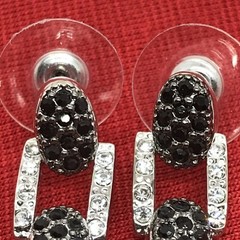 Vintage Silver Tone Black Onyx & Clear Cubic Zirconia Pave Pierced Earrings