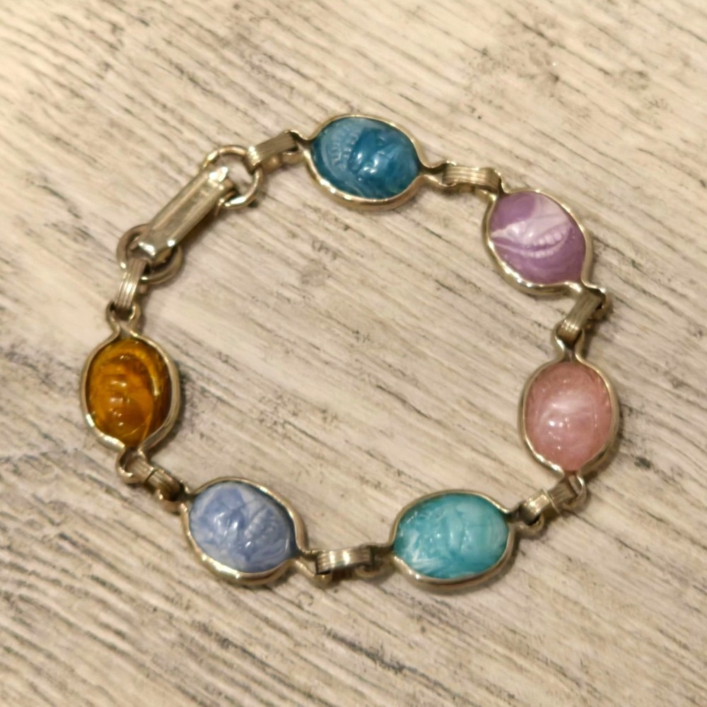 Vintage Childs Scarab beetle Bracelet Cabochon Egyptian Revival Jewelry Pastel