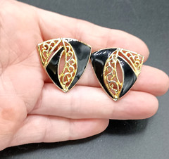 Vintage Egyptian Revival Bib Necklace Stud Earring Set Black Beaded Gold Tone