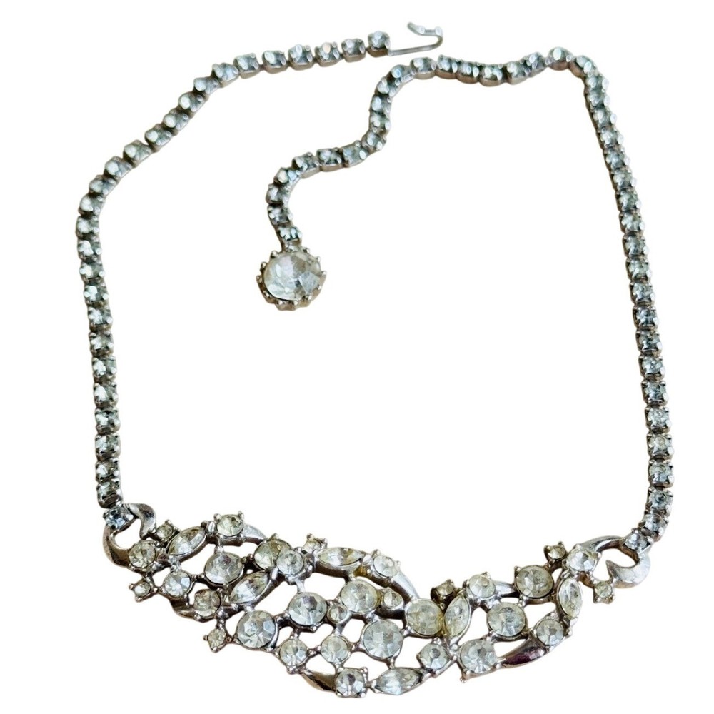Necklace VTG Jeweled Austrian Crystal Rhinestone floral Bridal 60s Sparkly 16″