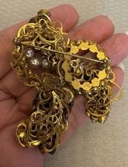 Original by Robert Signed Vintage Brooch Gold Filigree Rhinestone Pearl Beaded