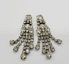 Crystal Chandelier Clip On Earring FRINGE Dangle Rhinestone Silver tone 2.25 in