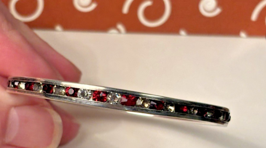 Vintage sterling silver bangle bracelet w red & clear channel set stones sz 7.25