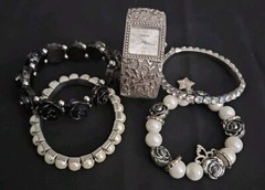 Women’s Pre-owned Lot Of 5 Silver Black Bracelets & Watch