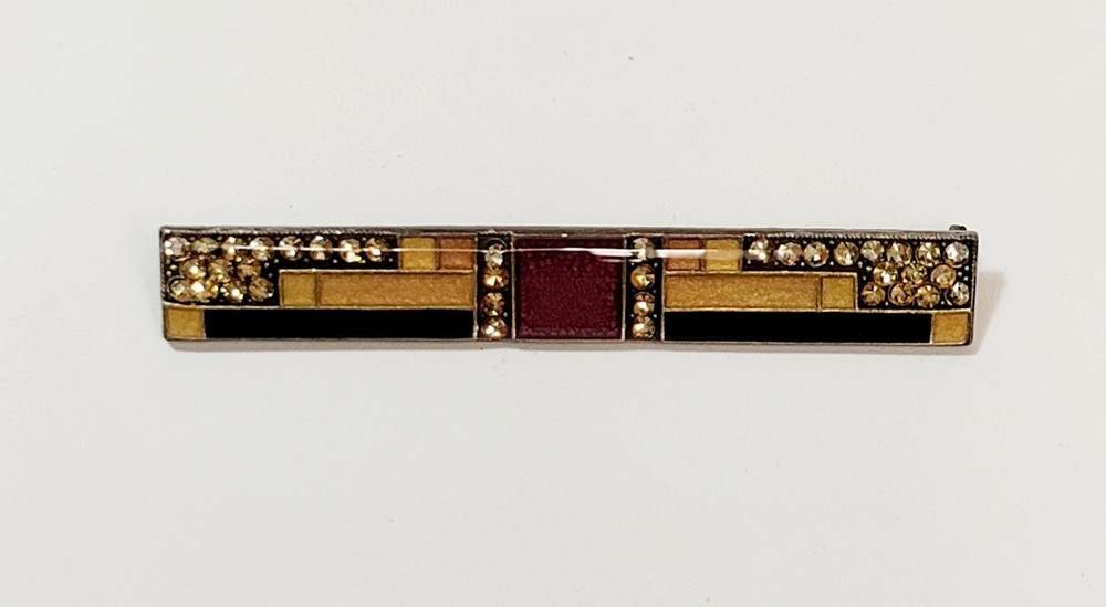 Vintage French Art Deco Rare Long Bar Brooch Enamel Rhinestones Trombone Clasp
