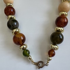 Elegant Beaded Necklace, Bracelet and Earrings Gold Tone Cream Amber Colors