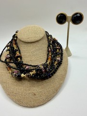 Vintage Les Bernard Multi Strand Necklace & Clip Earrings Set Gold Tone