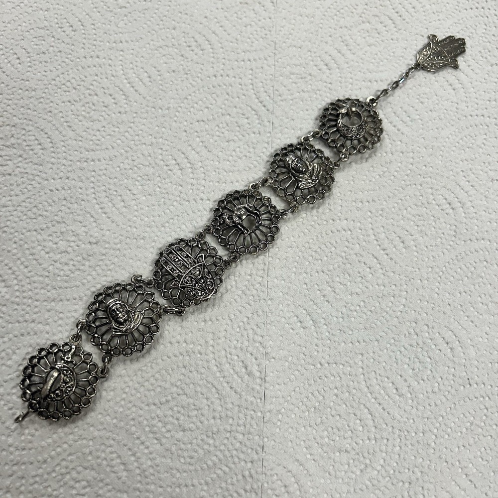 Vintage Souvenir Du Maroc Silver Bracelet Armenian Hamsa Moon Star Camel Travel