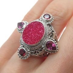 SARDA 925 Sterling Vintage Real Druzy Pink Topaz & Tourmaline Ring Size 5.25