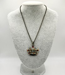 Vintage Crown Rhinestone Pendant Necklace Multi Color Men Women 16-18”