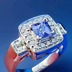 Tanzanite DIAMOND Deco Halo Style Engagement RING SOLID 14K WHITE GOLD Solitaire