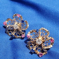 Original EARTH MINED DIAMOND Sapphire Ruby Deco Earrings Vintage SOLID 14K GOLD