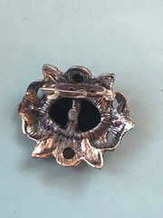 Acrylic Faceted Black Oval w Ornate Floral Silvertone Frame & Clear Rhinestone