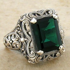 Vintage Art Deco Emerald & Lab Created Diamond Wedding 925 Silver Gifted Ring