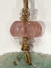 Antique 18g Chinese Carved Jade Pendant Pink Tourmaline Bead Bat & Butterfly