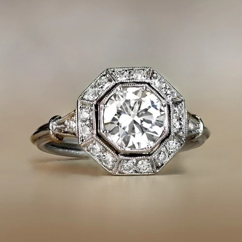 Art Deco Lab-Created Diamond Octagonal Shape Halo Engagement Ring In 925 Silver