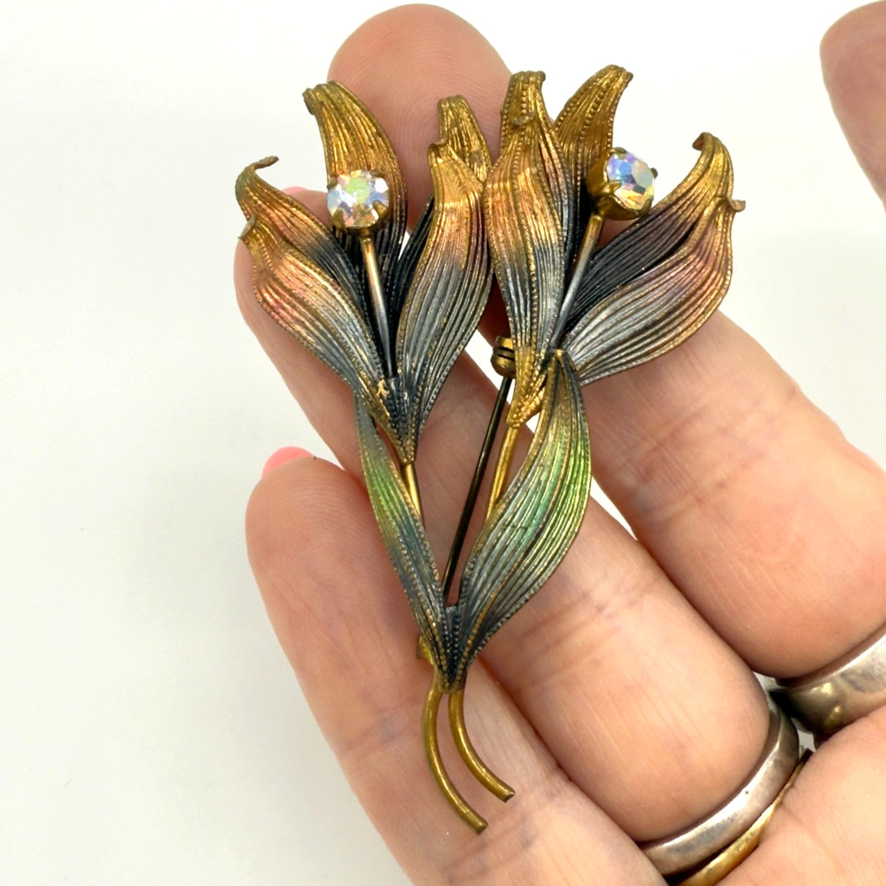 Vintage Austria Brooch Gold Tone Flower AB Rhinestones 2.5 Inches