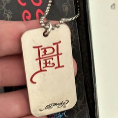 Y2K Vintage Ed Hardy Tiger Dog Tag Necklace Rhinestone Pendant Chain Set – Rare