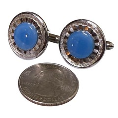 Vintage Swank Cufflinks Mens Silver Tone Blue Jewel Fluted Rim Bullet Back