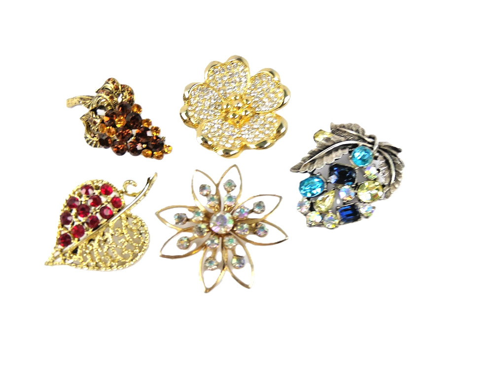 Lot of 5 Rhinestone Pins Some Vintage Unbranded