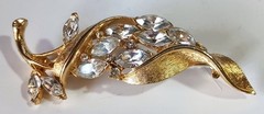 Lot of 3 Vintage Brushed Gold-tone White Rhinestone Brooches
