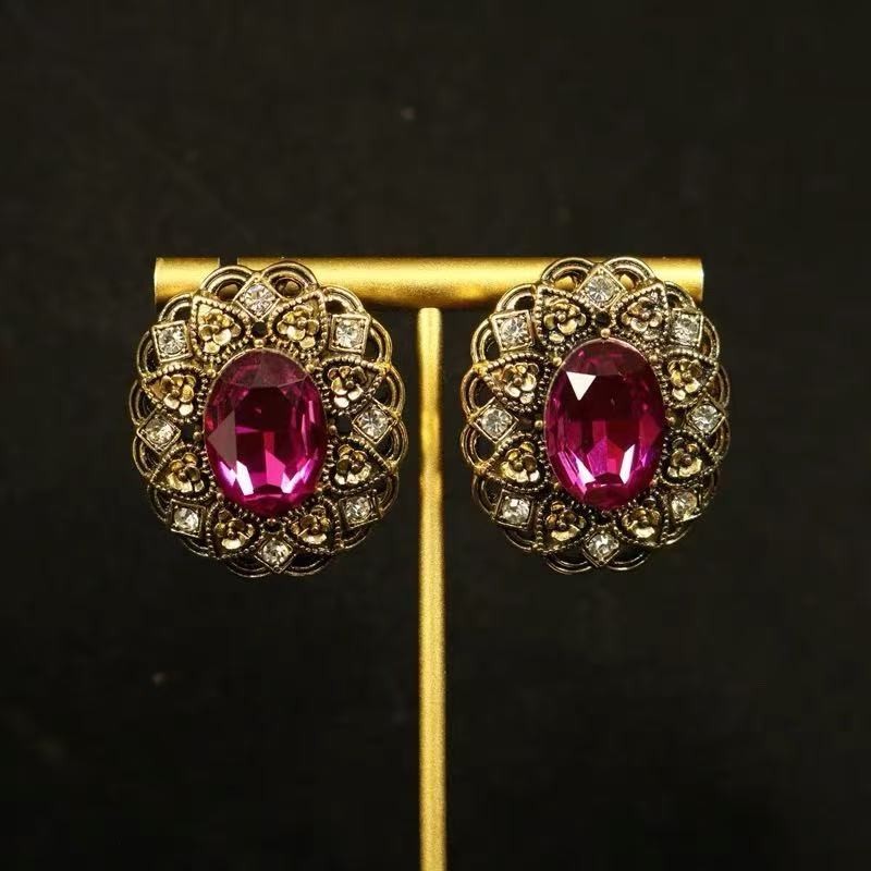 Victorian Ruby Crystal Earrings Vintage Gold Statement Estate Jewelry Women