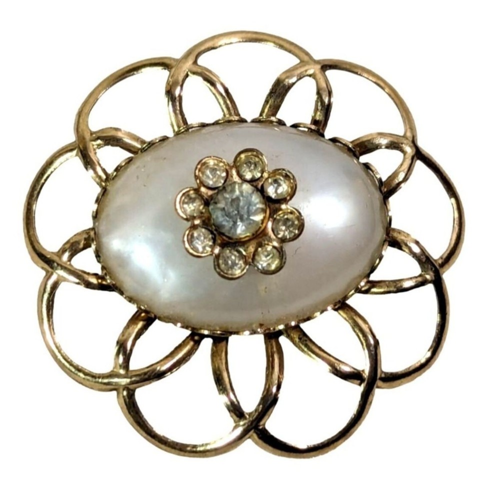 Gold Tone Pearl White Flower Brooch Pin Pendant Rhinestones Vintage 1960s Gift