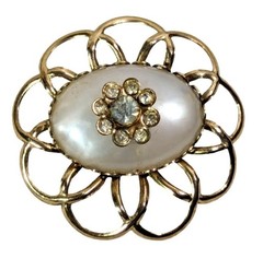 Gold Tone Pearl White Flower Brooch Pin Pendant Rhinestones Vintage 1960s Gift