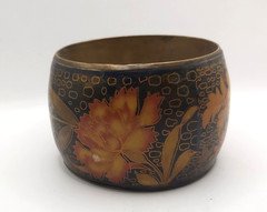 Vintage Wide Brass Floral Bangle Black Lacquer Enamel Statement Cuff Asian Style