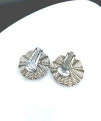 Art Deco Revival Clip On Earrings Fan 3D MCM Vintage Round Silver Tone 1″
