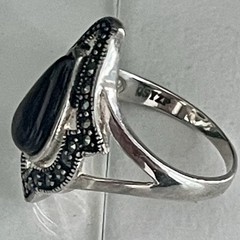QSYZP Silver Marcasite Banded Agate Sardonyx Teardrop Ring Vintage StyleSIZE 8